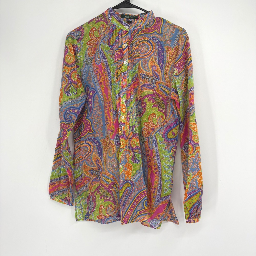Lauren Ralph Lauren Blouse Women M Multicolor Paisley Cotton Pleated Band Collar